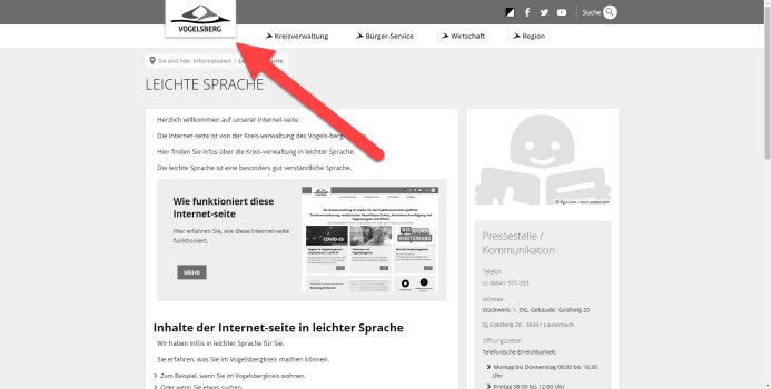 Startseite des Internetauftritts mit Logo oben links