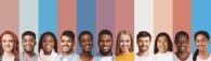 Composite image of international students photos over diverse backgrounds Kollage mit vielen Menschen verschiedener Hautfarbe und buntem Hintergrund
