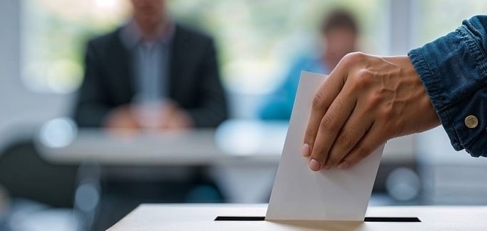 Eine Hand steckt Wahlunterlagen in eine grau-braune Wahlurne