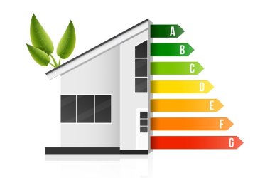 Creative illustration of home energy efficiency rating isolated on background. Art design smart eco house improvement template. Abstract concept graphic certification system element