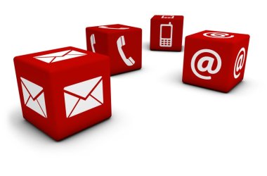 Contact Us Icons On Cubes Web- und Internet-Kontaktkonzept mit E-Mail, Handy und at-Symbol und Symbol auf vier roten Würfeln für Website, Blog und Online-Geschäft.