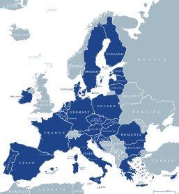 Map of European Union member states after Brexit, English labeling. 27 EU member states, after United Kingdom left. Special member state territories are not included in the map. Illustration. Vector. Karte der Europäischen Union