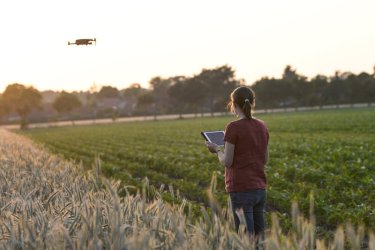 Frau mit fliegender Drohne auf Acker