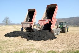 Zwei Kipper beim Abladen von Klärschlamm auf einem Acker