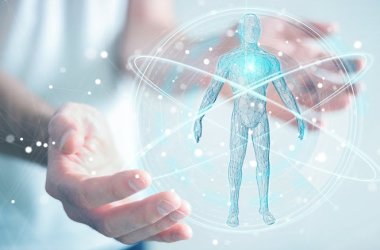 Businessman using digital x-ray human body scan interface 3D rendering