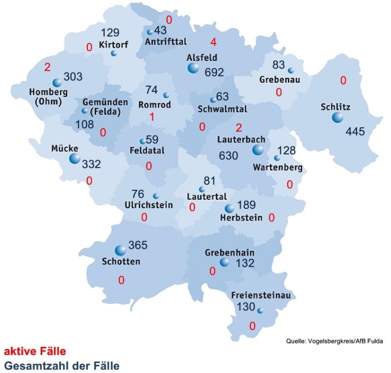 Übersichtskarte Corona-Fälle Vogelsbergkreis