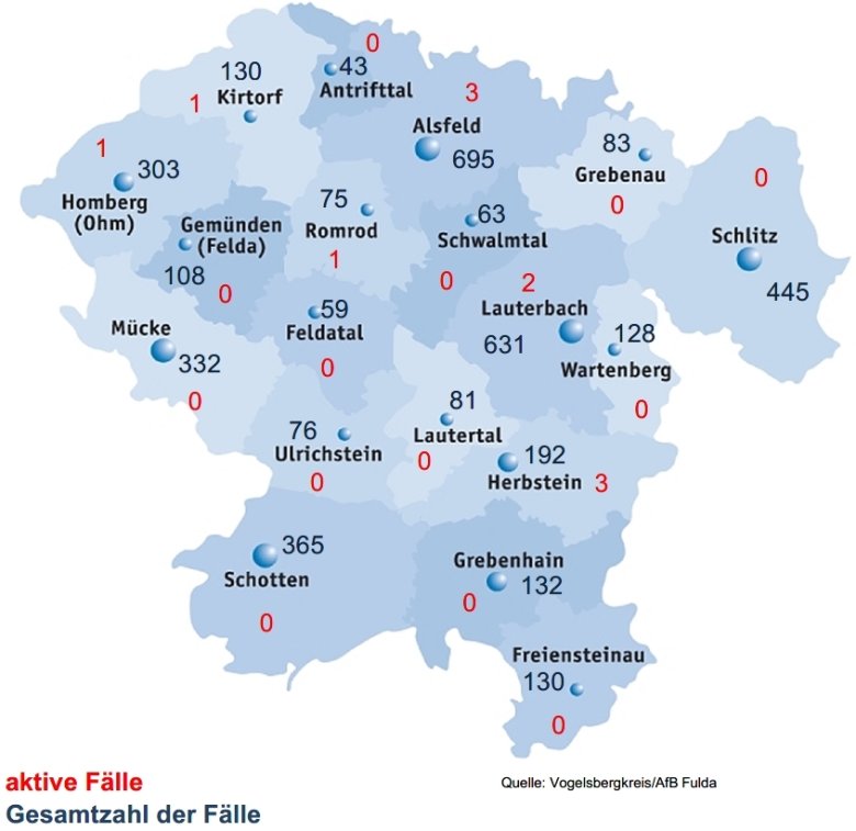 Übersichtskarte Corona-Fallzahlen Vogelsbergkreis 29.07.2021