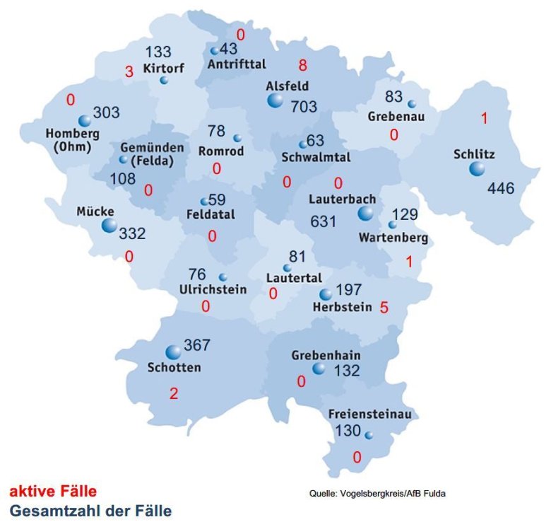 Übersichtskarte der Covid-19-Fallzahlen aus dem Vogelsbergkreis für den 10. August 2021