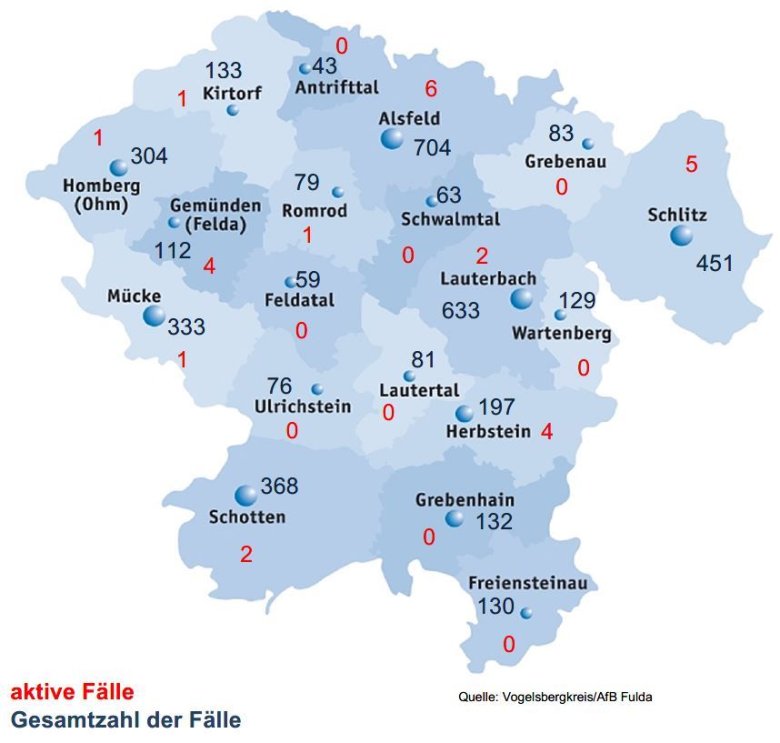 210817_CovidVB_Karte Übersichtskarte mit Fallzahlen aus dem Vogelsbergkreis zum Corona-Update für Dienstag, 17. August 2021