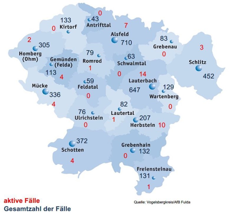 Übersichtskarte mit Fallzahen aus dem Vogelsbergkreis für das Corona-Update für den 26. August 2021