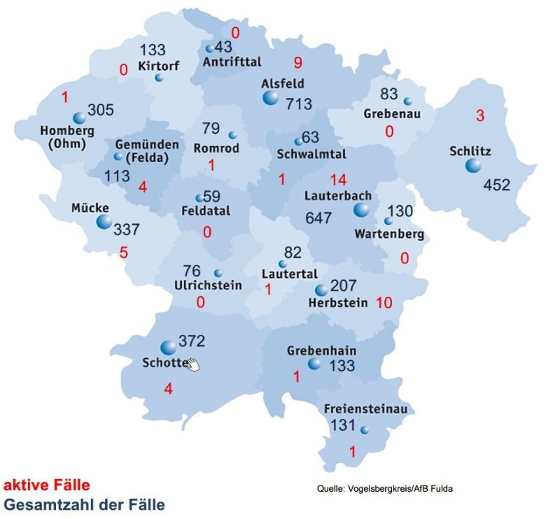 Karte mit Fallzahlen aus dem Vogelsbergkreis für das Corona-Update für den 27. August 2021
