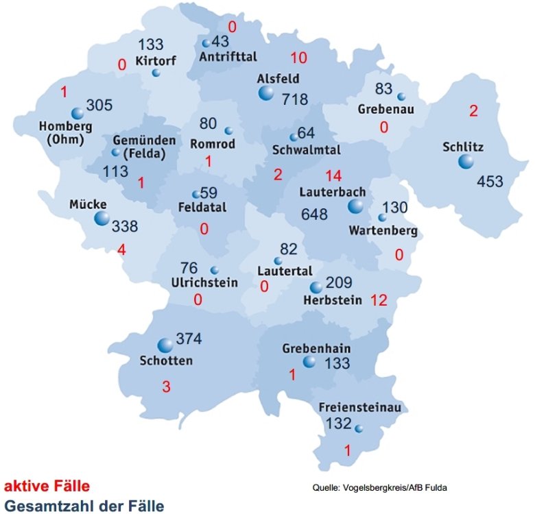 Übersichtskarte des Vogelsbergkreises. Abgebildet sind die Aktiven Corona-Fälle in den einzelnen Städten und Gemeinden
