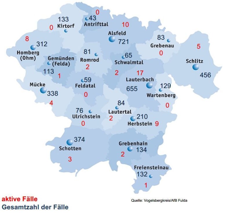 Karte mit Fallzahlen des Vogelsbergkreises für das Corona-Update für den 2. September 2021