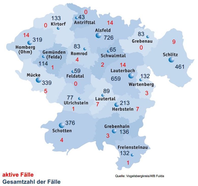 Karte mit Fallzahlen des Kreises für das Corona-Update für den 8. September 2021 Karte mit Fallzahlen des Kreises für das Corona-Update für den 8. September 2021