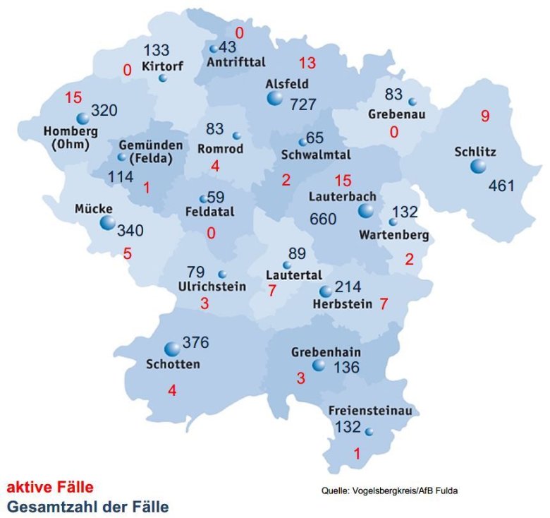 Karte mit Fallzahlen aus dem Kreisgebiet für das Corona-Update für den 9. September 2021