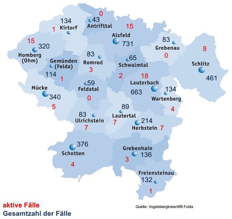 Karte mit Fallzahlen aus dem Vogelsbergkreis für das Corona-Update für den 10. September 2021