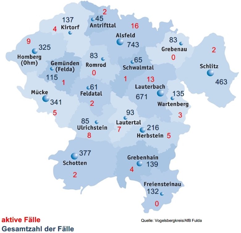 Übersichtskarte Vogelsbergkreis Aktive Fälle