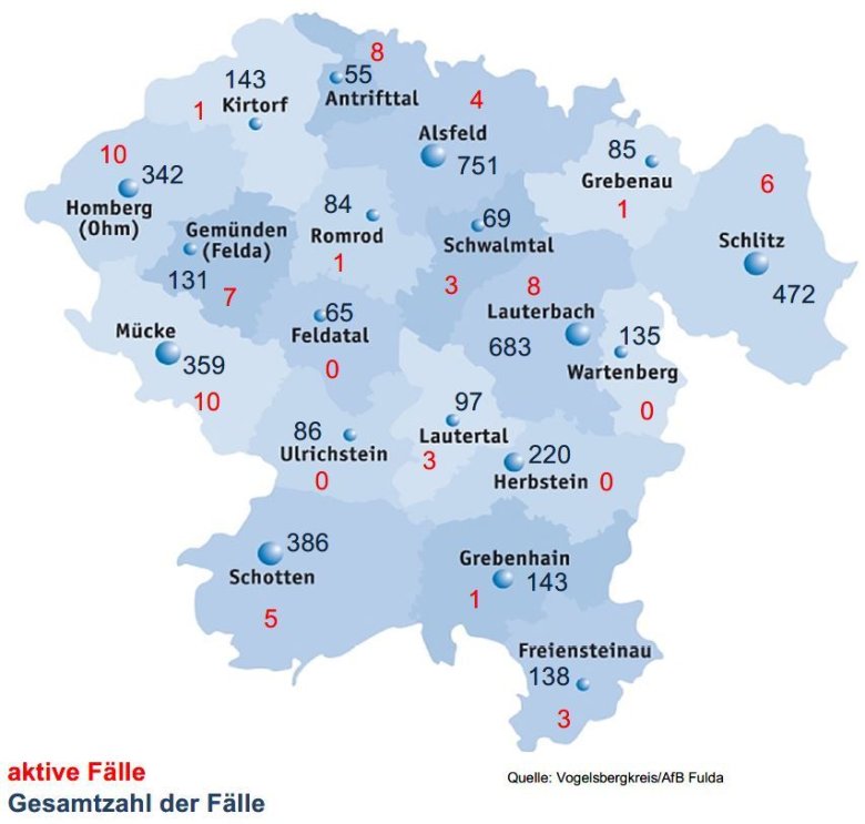 Karte mit Fallzahlen für den Vogelsbergkreis für das Corona-Update für den 13. Oktober 2021 Karte mit Fallzahlen für den Vogelsbergkreis für das Corona-Update für den 13. Oktober 2021