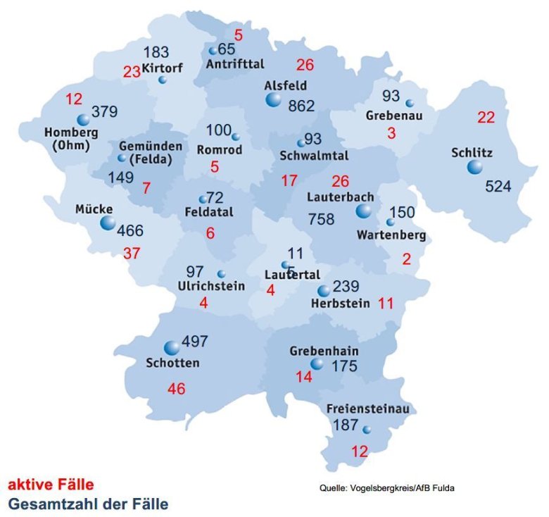 Karte mit Fallzahlen aus dem Vogelsbergkreis für das Corona-Update für den 23. November 2021 Karte mit Fallzahlen aus dem Vogelsbergkreis für das Corona-Update für den 23. November 2021