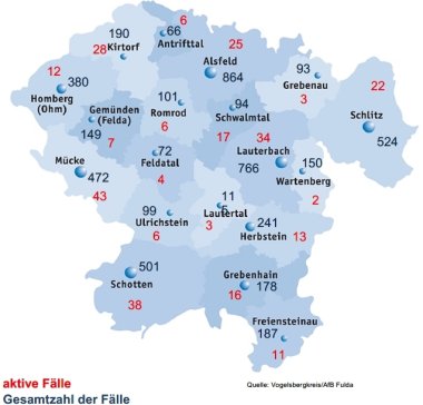 Karte mit Fallzahlen aus dem Vogelsbergkreis für das Corona-Update für den 24. November 2021 Karte mit Fallzahlen aus dem Vogelsbergkreis für das Corona-Update für den 24. November 2021