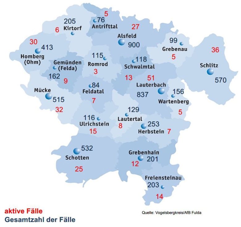 Karte mit Fallzahlen aus dem Vogelsbergkreis für das Corona-Update für den 9. Dezember 2021. Karte mit Fallzahlen aus dem Vogelsbergkreis für das Corona-Update für den 9. Dezember 2021.