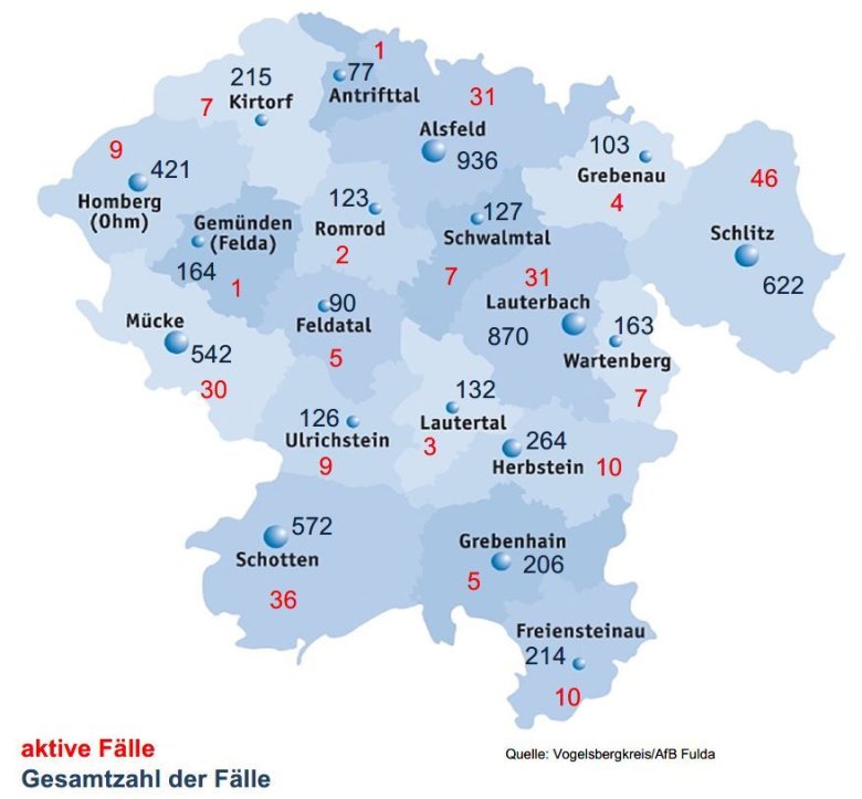 Karte mit Fallzahlen aus dem Vogelsbergkreis für das Corona-Udpate für den 22. Dezember 2021.