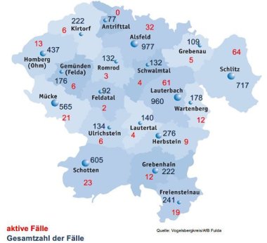 Karte mit Fallzahlen aus dem Vogelsbergkreis fuer das Corona-Update fuer den 7. Januar 2022 Karte mit Fallzahlen aus dem Vogelsbergkreis fuer das Corona-Update fuer den 7. Januar 2022