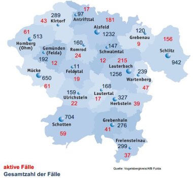 Karte mit Fallzahlen aus Vogelsbergkreis fuer das Corona-Update fuer den 26. Januar 2022 Karte mit Fallzahlen aus Vogelsbergkreis fuer das Corona-Update fuer den 26. Januar 2022