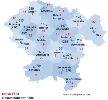 Karte mit Fallzahlen aus Vogelsbergkreis fuer das Corona-Update fuer den 26. Januar 2022