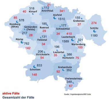 Karte mit Fallzahlen aus dem Vogelsbergkreis fuer das Corona-Update fuer den 2. Februar 2022 Karte mit Fallzahlen aus dem Vogelsbergkreis fuer das Corona-Update fuer den 2. Februar 2022
