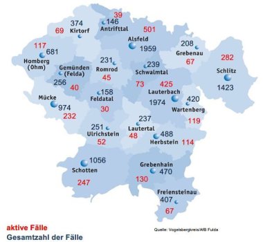 Karte mit Fallzahlen aus dem Vogelsbergkreis fuer das Corona-Update fuer den 11. Februar 2022