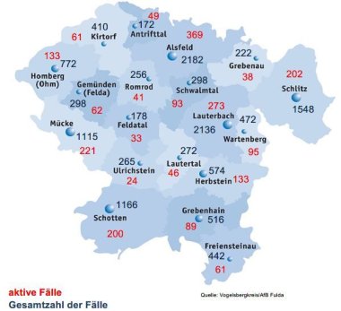 Karte mit Fallzahlen aus dem Vogelsbergkreis fuer das Corona-Update fuer den 18. Februar 2022 Karte mit Fallzahlen aus dem Vogelsbergkreis fuer das Corona-Update fuer den 18. Februar 2022