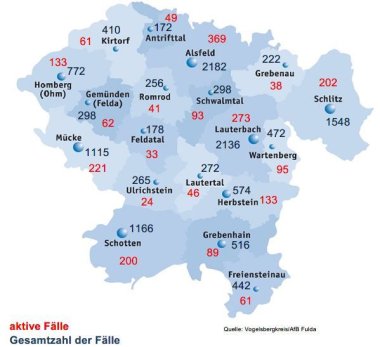 Karte mit Fallzahlen aus dem Vogelsbergkreis fuer das Corona-Update fuer den 18. Februar 2022