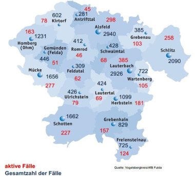 Karte mit Fallzahlen aus dem Vogelsbergkreis fuer das Corona-Update fuer den 24. Maerz 2022 Karte mit Fallzahlen aus dem Vogelsbergkreis fuer das Corona-Update fuer den 24. Maerz 2022
