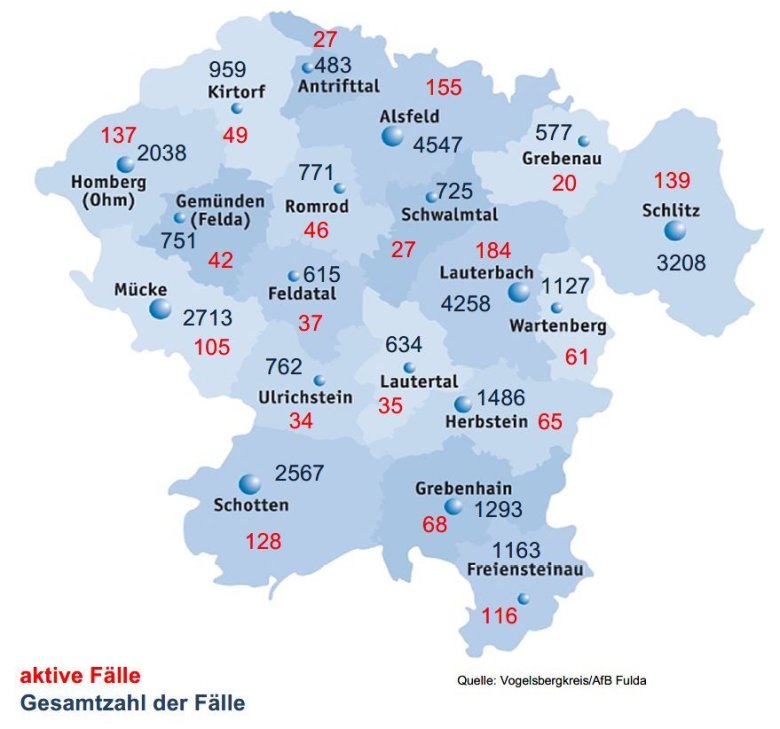 Karte mit Fallzahlen aus dem Vogelsbergkreis für das Corona-Update für den 13. Mai 2022