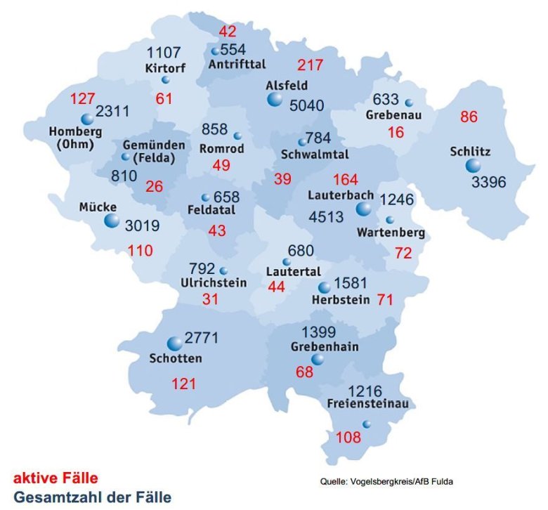 Karte mit Fallzahlen aus dem Vogelsbergkreis für das Corona-Update für den 15. Juni 2022