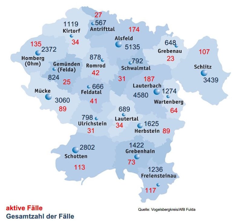 Karte mit Fallzahlen aus dem Vogelsbergkreis für das Corona-Update für den 21. Juni 2022