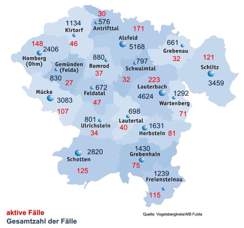Karte mit Fallzahlen aus dem Vogelsbergkreis für das Corona-Update für den 22. Juni 2022 Karte mit Fallzahlen aus dem Vogelsbergkreis für das Corona-Update für den 22. Juni 2022
