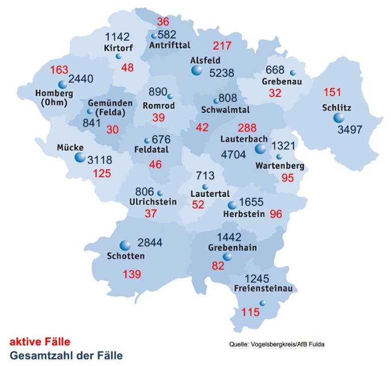 Karte mit Fallzahlen aus dem Vogelsbergkreis für das Corona-Update für den 24. Juni 2022
