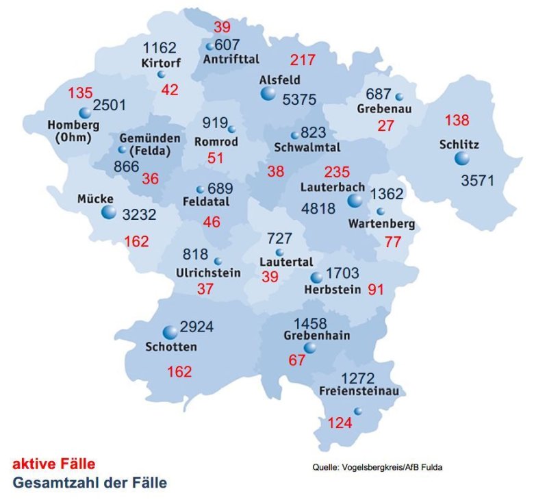 Karte mit Fallzahlen aus dem Vogelsbergkreis für das Corona-Update für den 30. Juni 2022