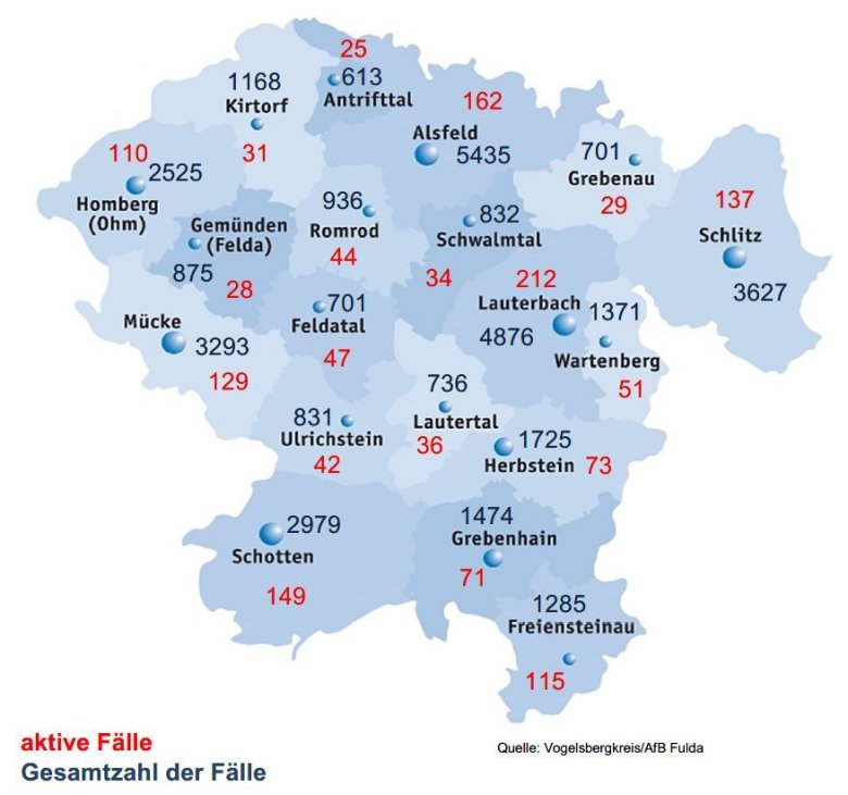 Karte mit Fallzahlen aus dem Vogelsbergkreis für den 5. Juli 2022 Karte mit Fallzahlen aus dem Vogelsbergkreis für den 5. Juli 2022
