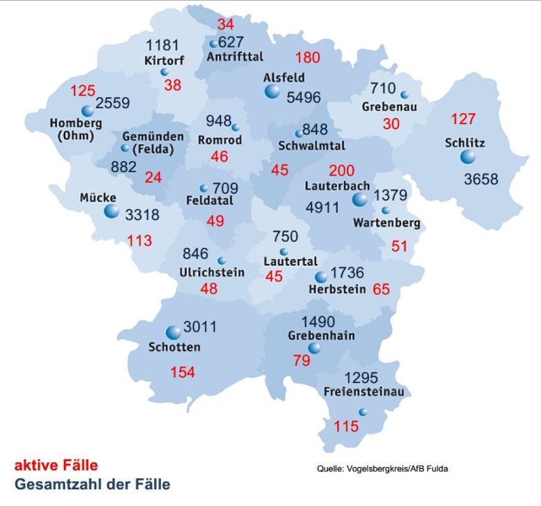 Karte mit Fallzahlen aus dem Vogelsbergkreis für das Corona-Update für den 7. Juli 2022 Karte mit Fallzahlen aus dem Vogelsbergkreis für das Corona-Update für den 7. Juli 2022