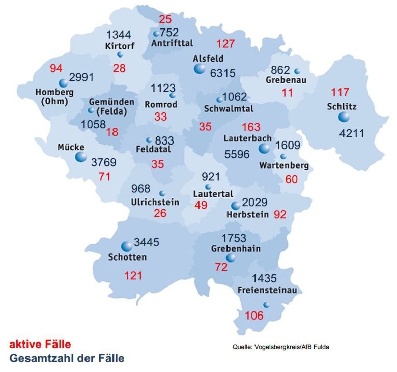 Karte mit Fallzahlen aus dem Vogelsbergkreis für das Corona-Update für den 23. August 2022