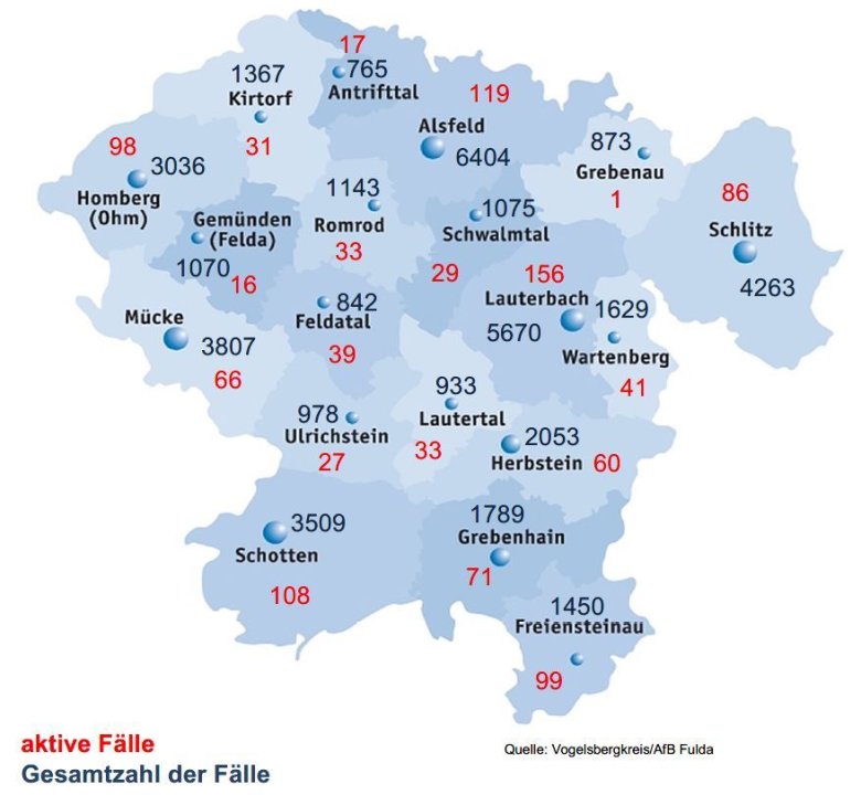 Karte mit Fallzahlen aus dem Vogelsbergkreis für das Corona-Update für den 6. September 2022