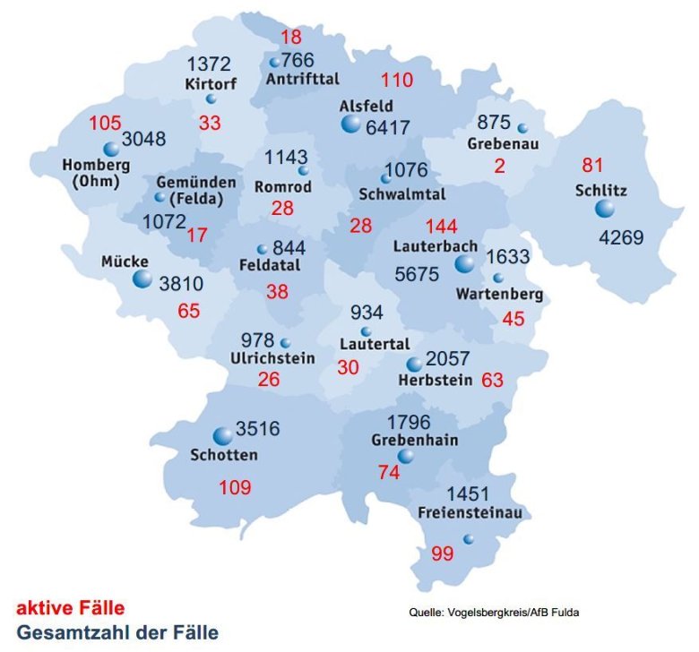 Karte mit Fallzahlen aus dem Vogelsbergkreis für das Corona-Update für den 7. September 2022