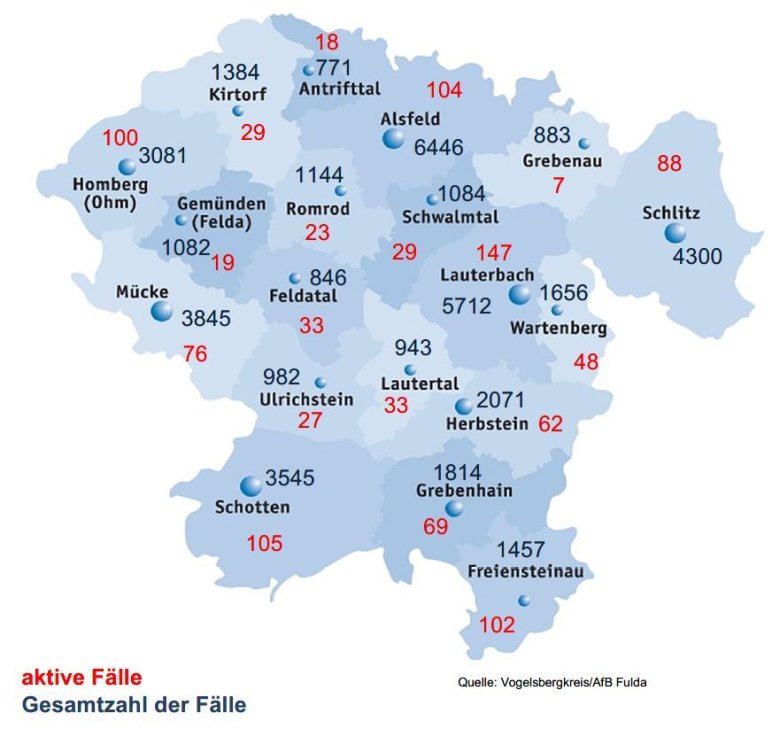 Karte mit Fallzahlen aus dem Vogelsbergkreis für das Corona-Update für den 14. September 2022