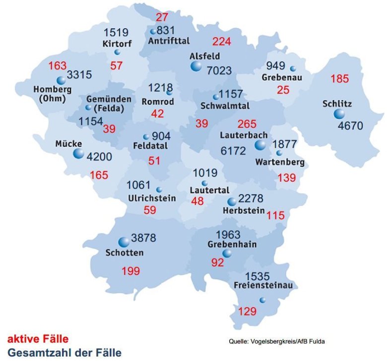 Karte mit Fallzahlen aus dem Vogelsbergkreis für das Corona-Update für den 13. Oktober 2022 Karte mit Fallzahlen aus dem Vogelsbergkreis für das Corona-Update für den 13. Oktober 2022
