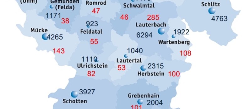 Übersichtskarte mit Corona-Fallzahlen im Vogelsbergkreis. Stand 18.10.2022