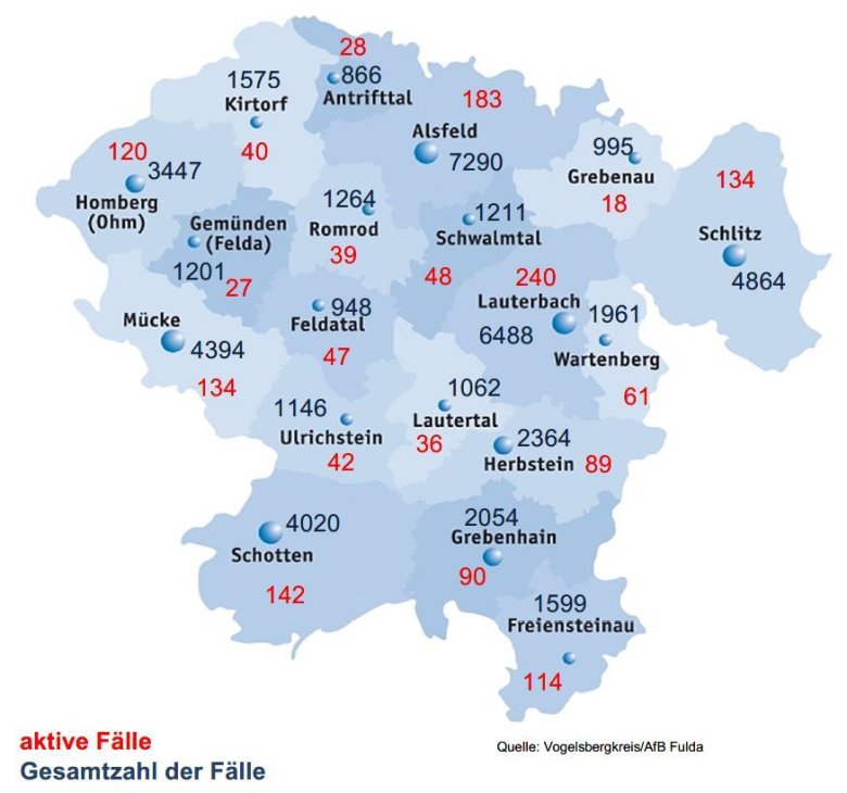 Karte mit Fallzahlen aus dem Vogelsbergkreis für das Corona-Update für den 26. Oktober 2022