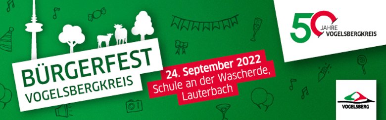 Infologo zum Bürgerfest anlässlich des 50. Jubiläums des Vogelsbergkreises. Am 24. September wird an der Schule an der Wascherde das Jubiläum gefeiert